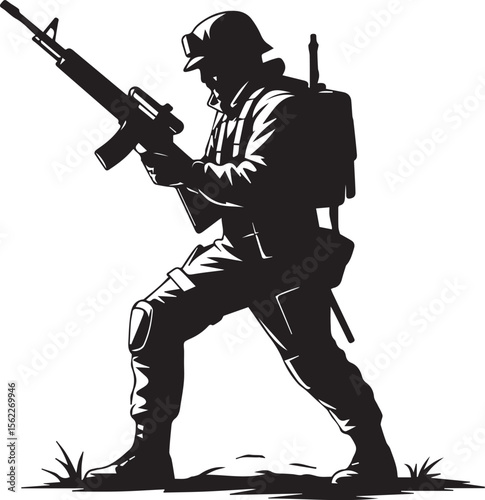 A black silhouette of an armed soldier with a rifle, a military vector illustration depicting a person ready for war