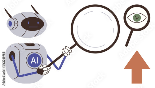 Robot holding magnifying glass focusing on eye with task completion checkmark. Ideal for AI research, data analysis, evaluation, digital insight, automation, machine learning, innovation. Simple flat