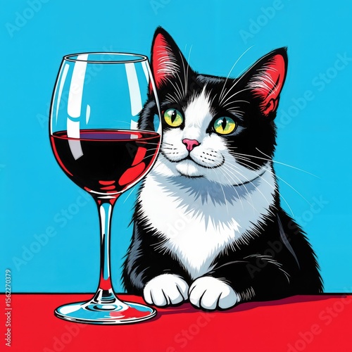 A black and white cat with bright green eyes sits beside a glass of red wine on a red table