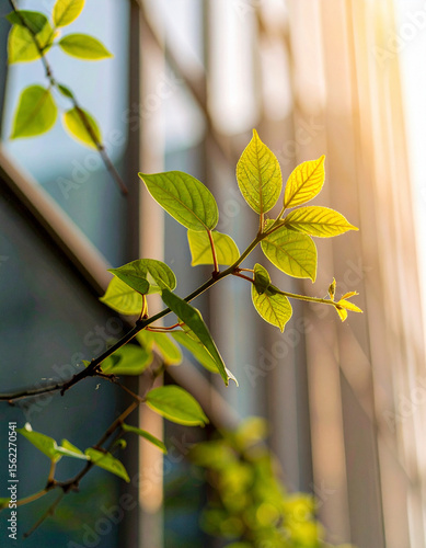 Green Branch with Young Leaves Against Reflective Glass Facade