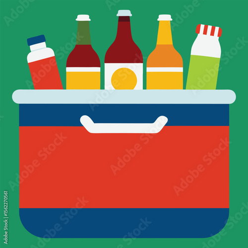 A picnic cooler stocked to the brim with an assortment of chilled beverages, including cans of soda, and bottles of beer and wine