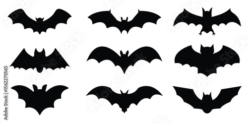 Silhouette Set of Flying Bats Icons for Halloween and Decoration