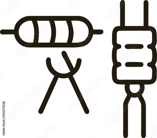 Delicious Grilled Food Icons Set, Barbecue Skewers and Shashlik on Simple Stands, Vector Illustration, Line...