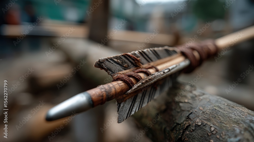 Naklejka premium This close-up image captures a beautifully crafted arrow featuring a wooden shaft and distinctive fletching, showcasing a connection to ancient craftsmanship. The use of natural materials emphasizes 