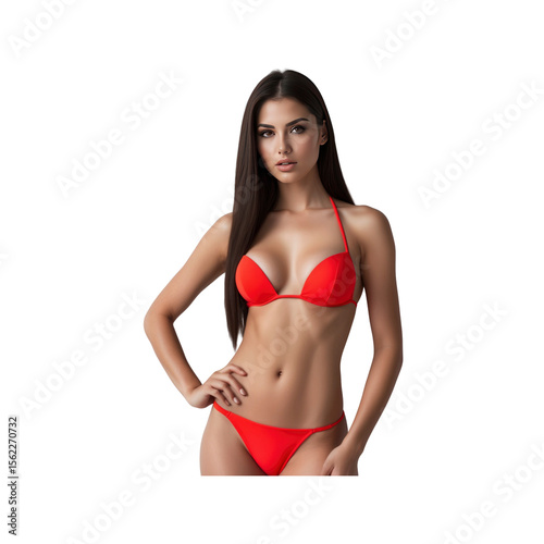 Confident Woman in Red Bikini, Studio Portrait