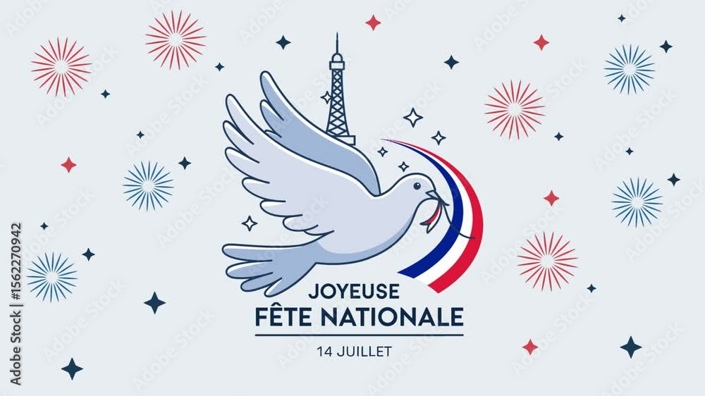 Happy Bastille Day Joyeuse Fête Nationale 14 Juillet Animated Video with Dove Eiffel Tower Fireworks French Flag Colors Celebration Greeting Banner for France National Day July 14 Seamless Festive Loo