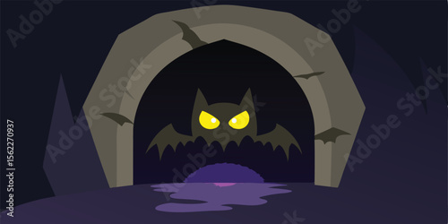 Spooky Halloween night with a scary haunted house, black trees, flying bats, and an orange pumpkin under a dark moonlit sky, perfect for an autumn holiday horror illustration