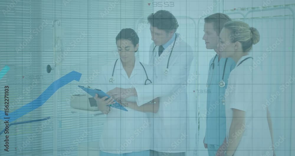 Medical team tapping patient chart and enabling animated line graphs ...