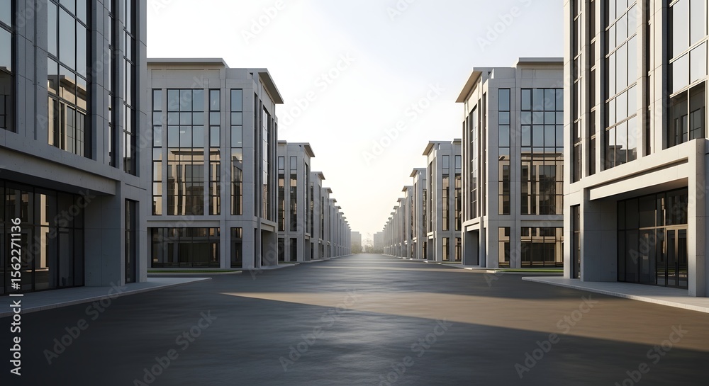 Fototapeta premium Modern Glass Office Buildings, Serene Morning Light, Urban Architectural Perspective