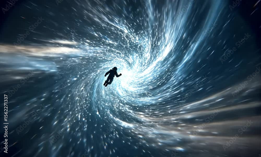 Astronaut falling through a space-time portal in deep space, representing travel or imagination