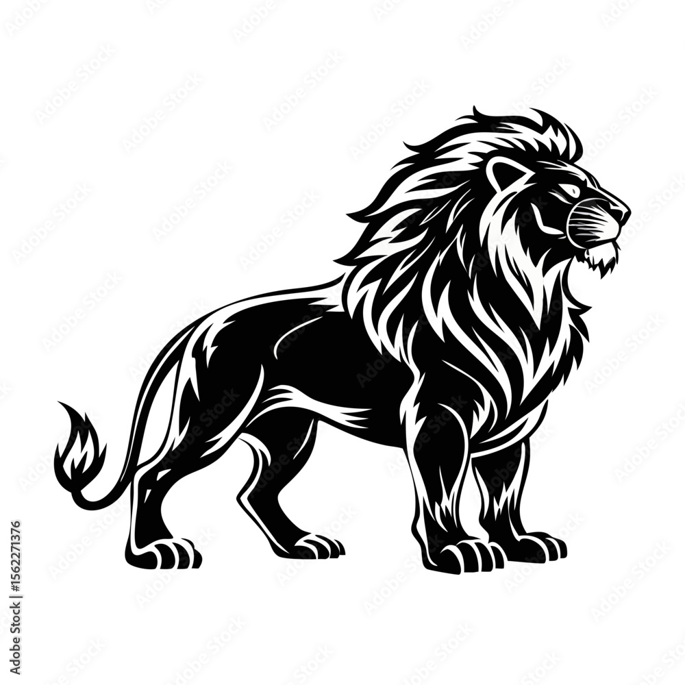 Obraz premium Majestic Lion Vector Illustration – Powerful Roaring Lion Graphic Art | Tribal Ink Style Wild Animal Tattoo Design for Branding & Decor