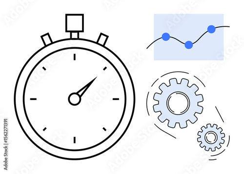 Stopwatch with analog dial, performance graph with data points, and interlocking gears symbolizing process optimization. Ideal for productivity, business strategy, analytics, planning, project