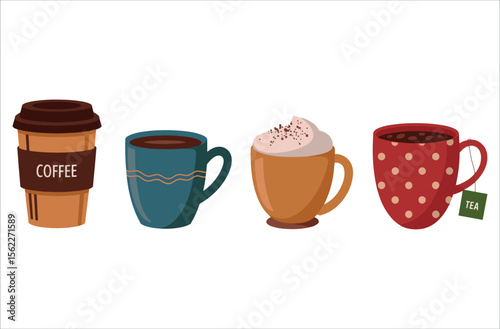 Matching coffee tea cup set flat vector. Morning ritual illustrations ideal for cozy kitchen decor and coffee chain branding.