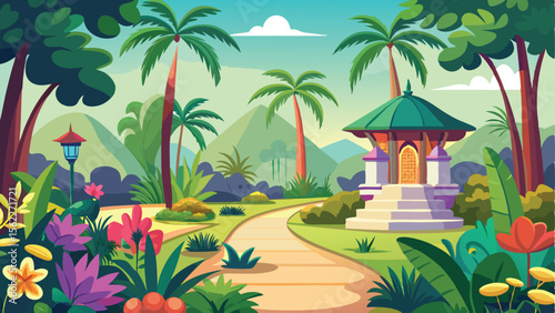 Colorful Tropical Landscape with Palm Trees, Pavilion, and Winding Path Illustration