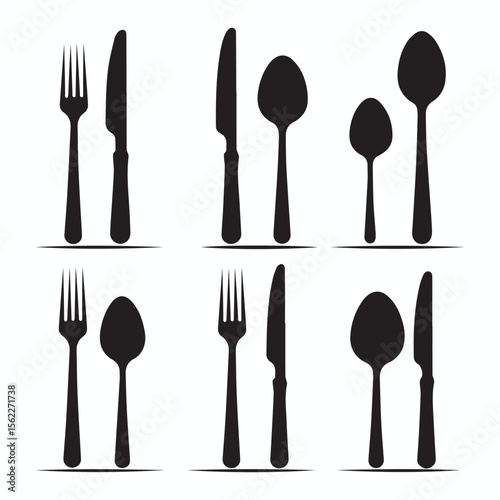 simple black Food icons set, plate, fork, knife and spoon, set logotype menu, cutlery icon, tableware sign, catering icons