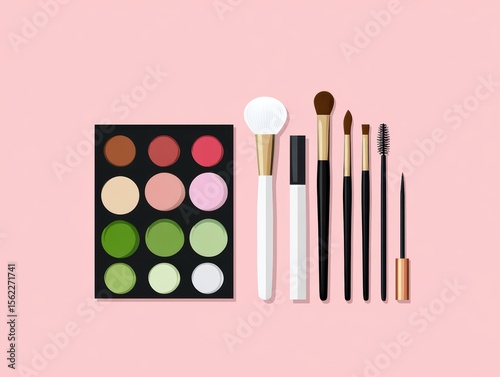 Flat Lay of Makeup Palette and Brushes on Pink Background for Beauty and Fashion Concepts