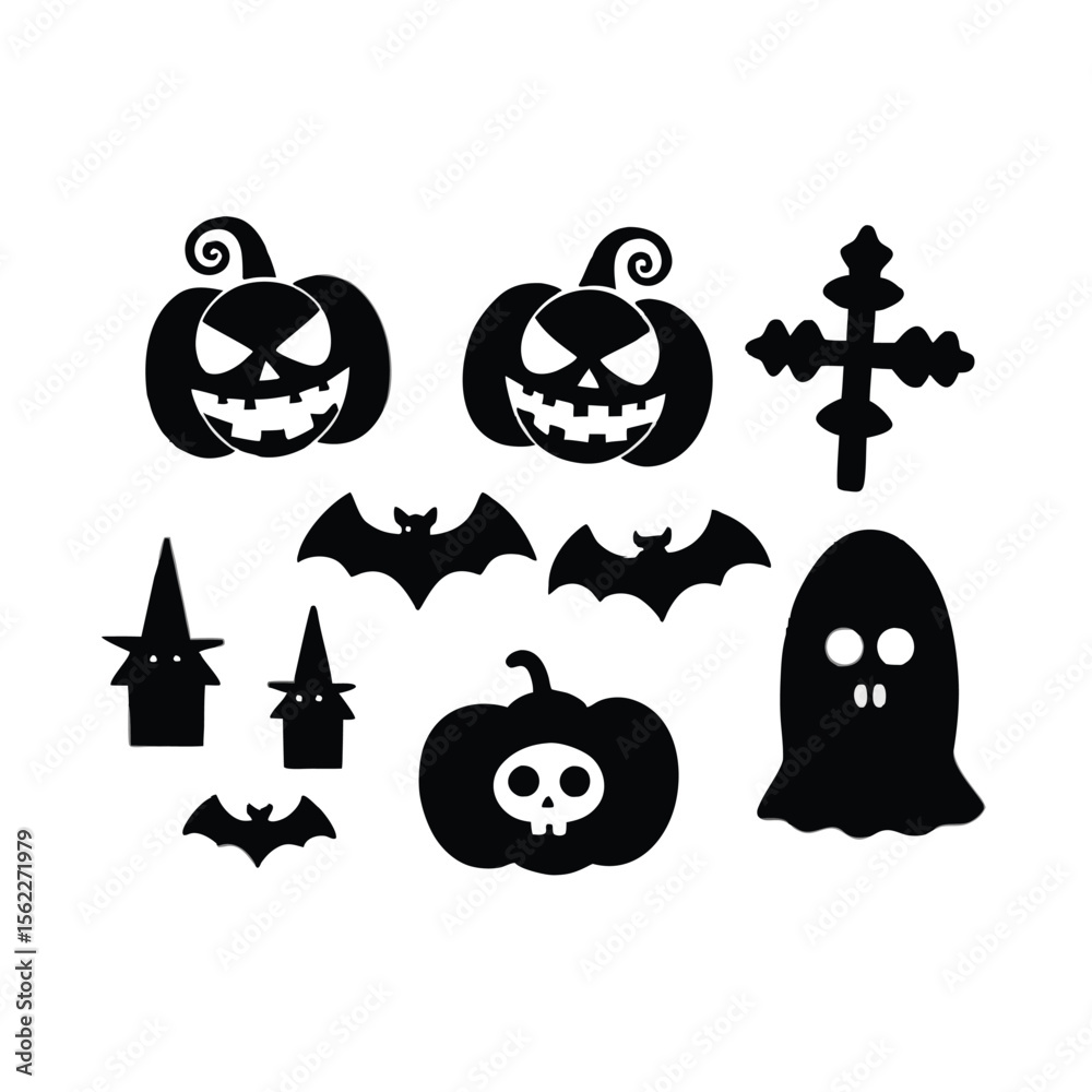 Obraz premium Vector haunted house black and white illustration set. halloween silhouette elements of spooky cottage, big moon, ghost, bats, trees. scary samhain party invitation or card design. Premium Vector 