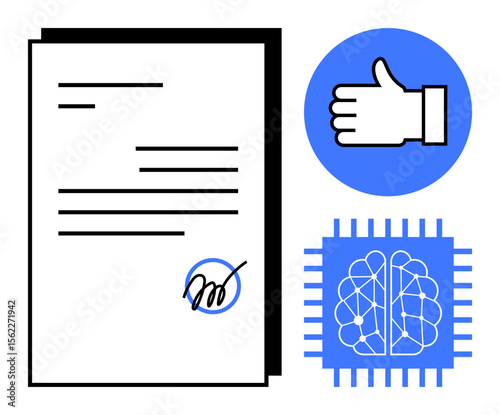 Signed document alongside AI chip and thumbs-up icon, showcasing technology integration. Ideal for AI, contracts, collaboration, automation, innovation, digital workflows, simple landing page