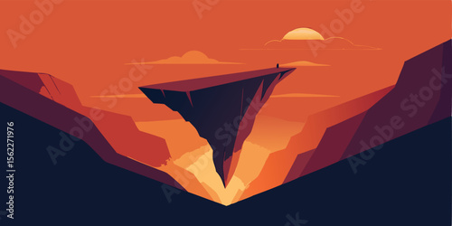 Origami boat sailing towards a sunset heart in the mountainous sky, a vector illustration of travel and nature's beauty