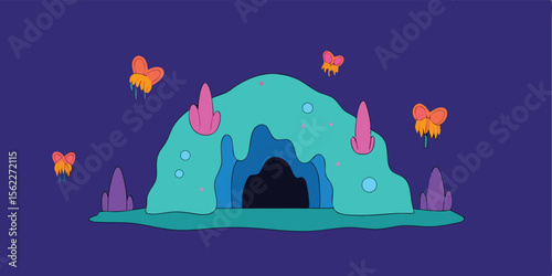 A captivating vector illustration of a fairy tale castle under a moonlit night sky, nestled within a charming winter landscape
