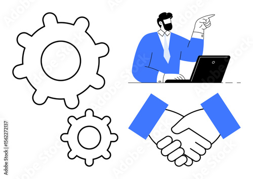 Gears symbolize process, handshake shows partnership, and professional at laptop represents planning. Ideal for teamwork, collaboration, business strategy, partnerships, innovation, workflow