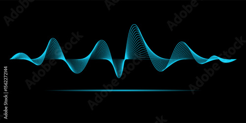 Abstract blue wavy lines of the sound wave. Dynamic gradient pulsating wave. Musical neon concept, symbols of the frequency of digital music. Vector illustration on a black background