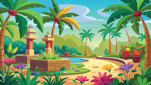 Cartoon Illustration of a Tranquil Oasis with Palm Trees and Vibrant Flowers