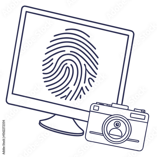 Digital identity verification concept with a computer screen displaying a fingerprint and a camera with a user icon representing security and authentication