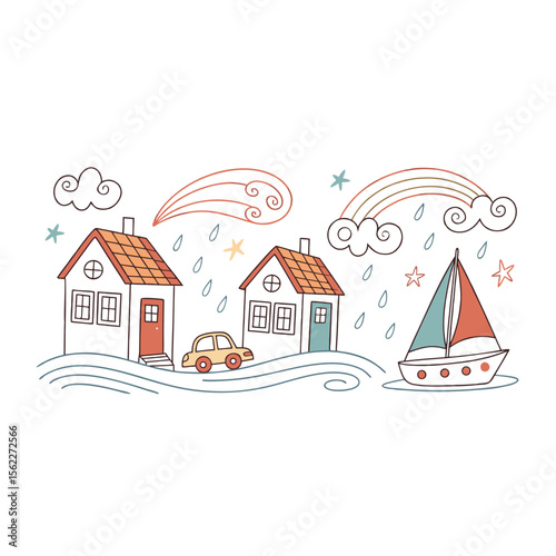 Houses car sailboat under rainbow and rain vector