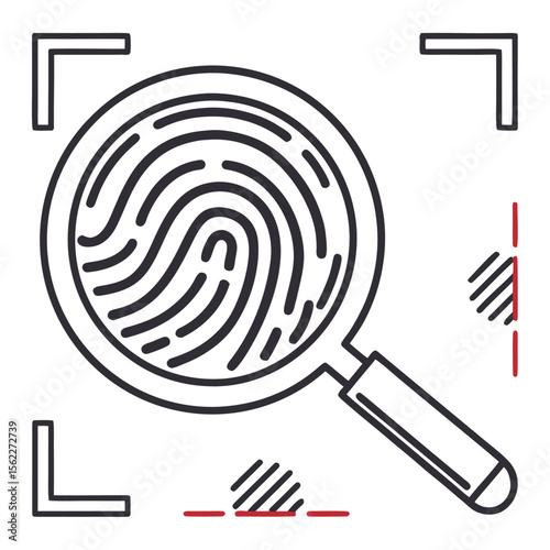 Close up of a fingerprint being examined under a magnifying glass symbolizing investigation forensics and identification with corner markers indicating a scan or analysis