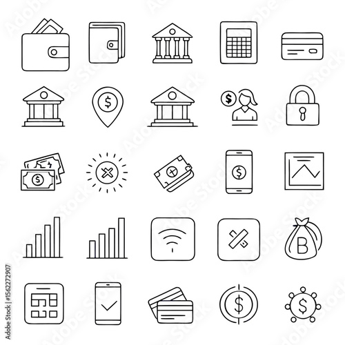 A collection of line art icons representing various financial and banking services including wallets credit cards currency symbols bank buildings and payment methods