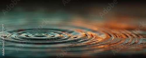 Crystal clear water drop falling into a calm body of water, creating mesmerizing concentric ripples that expand outwards, reflecting warm, orange hues