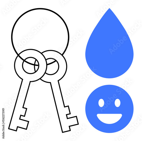 Two overlapping keys symbolize security. Nearby blue water droplet and smiling face suggest happiness, cleanliness, and optimism. Ideal for security, happiness, positivity, environment, cleanliness