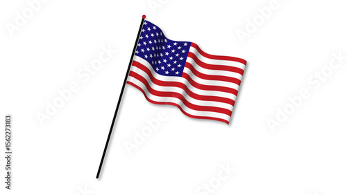 "3D render of American flag waving in the wind with dramatic lighting and cinematic background."