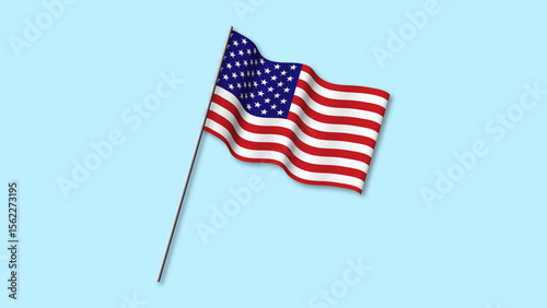 "3D render of American flag waving in the wind with dramatic lighting and cinematic background."