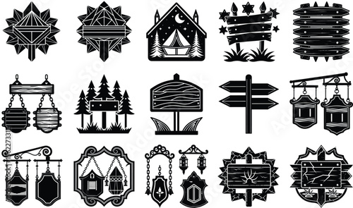 Silhouette wood sign icon set. vector image interior elements collection