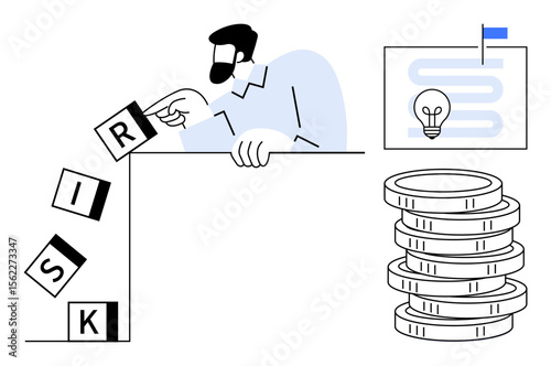 Man adjusts the word Risk by replacing blocks beside a coin stack and strategy diagram with a lightbulb. Ideal for problem-solving, decision-making, strategy, business growth, planning, risk
