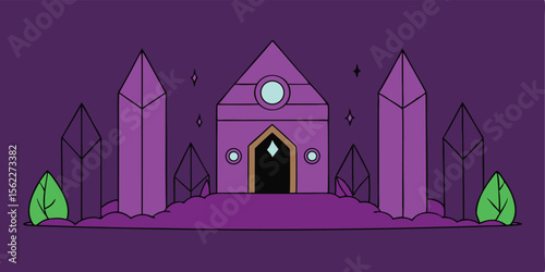 An iconic architectural illustration of a church building nestled on a hill within a moonlit wooded landscape, its design featuring a welcoming door and artfully illuminated windows under the night sk