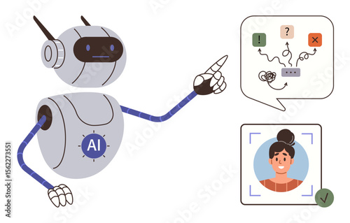 AI robot interacting with a decision flowchart and facial recognition display. Ideal for artificial intelligence, automation, decision-making, security, technology, problem-solving, innovation