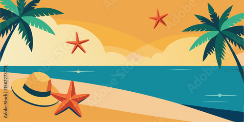 Tropical beach vector illustration: a summer holiday paradise with palm trees, ocean waves, and a serene sunset island landscape