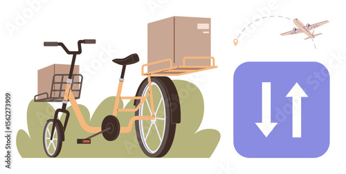 Bicycle carrying boxes, airplane in sky indicating destination, and directional arrow icon. Ideal for shipping, courier service, eco-transport, supply chain, goods mobility, logistics sustainable