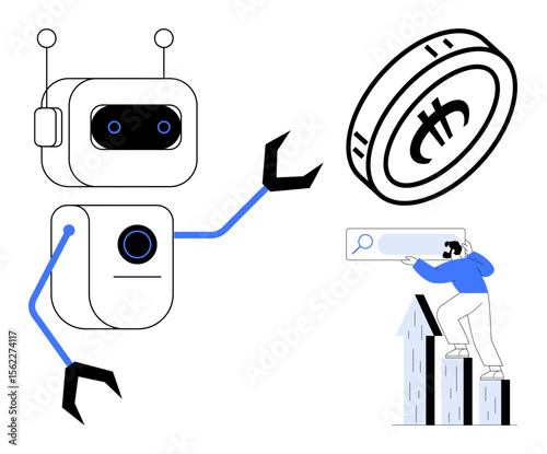Robot with mechanical arms analyzing digital currency, human climbing bar graph with a magnifying glass. Ideal for technology, AI, fintech, innovation, cryptocurrency, data analysis teamwork. Simple