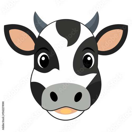 A cartoon cow's head with black and white spotted pattern, pink inner ears, gray horns, large black eyes, gray snout with black nostrils, and a small yellow tongue showing.