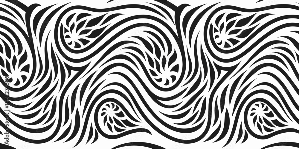 Obraz premium Abstract Black and White Swirling Floral Pattern Seamless Texture