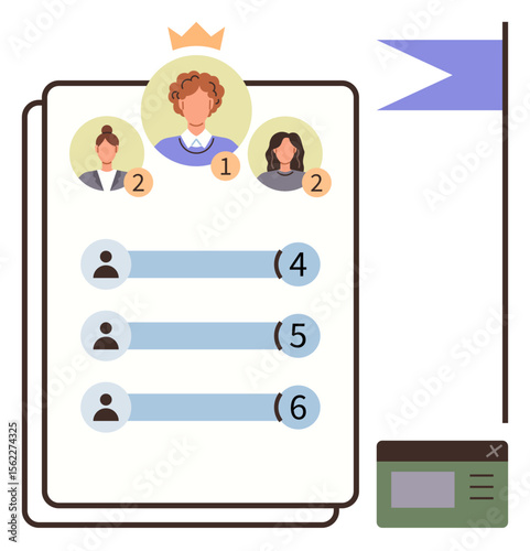 Leaderboard displaying user profiles with rankings, crown icon for the winner, blue flag, and scorecard. Ideal for competition, gaming, achievement tracking, team performance, digital platforms