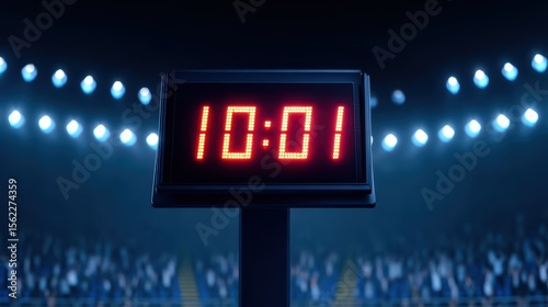 Digital Countdown Timer Displaying Ten Minutes and One Second at a Sports Event with Blurry Crowd in Background