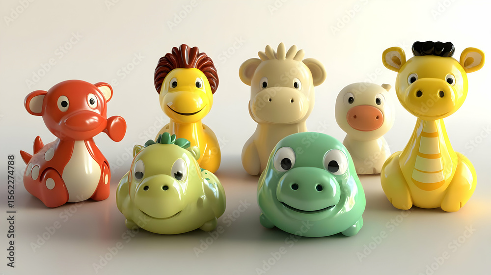 Naklejka premium Colorful animal figurines for babies. A group of six charming animal toys in various colors, including a dinosaur, duck, giraffe, and more. Friendly faces and simple designs