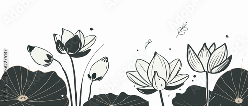 Black and White Lotus Flower Line Art Illustration