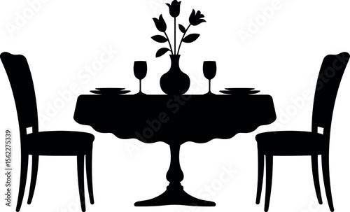 Romantic dinner table silhouette with flowers and wine glasses vector illustration.