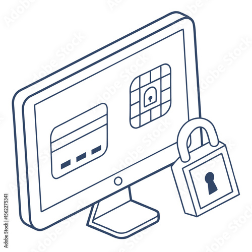 Secure online payment concept with credit card and chip on computer screen protected by a padlock illustration